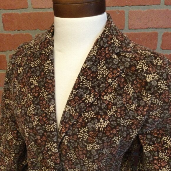 L L Bean Womens Corduroy Blazer Size 12 R Floral Print pockets button front - Picture 2 of 6
